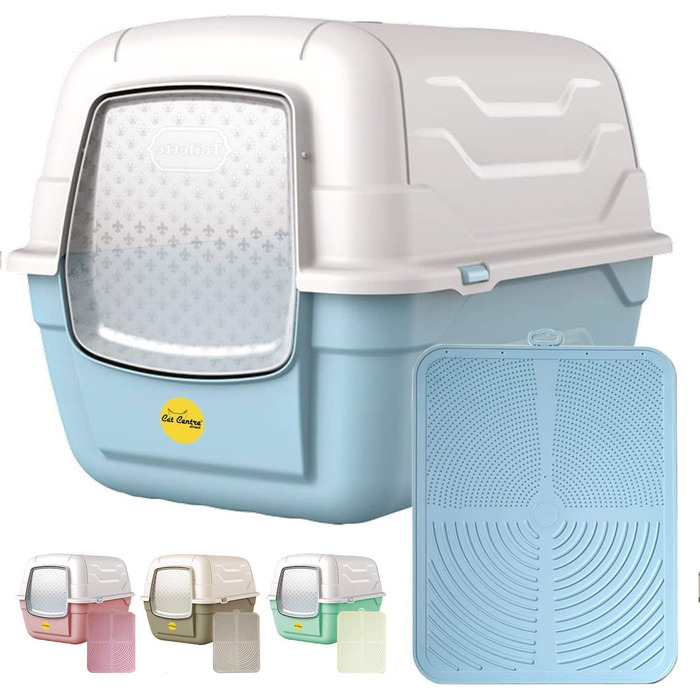 Туалет для котів Cat Centre з кришкою, лотком, дверцятами, шкребком та вугільним фільтром для великих котів, 52 x 40 x 40 см (52 x 40 x 40 см, Синій + Синій килимок)