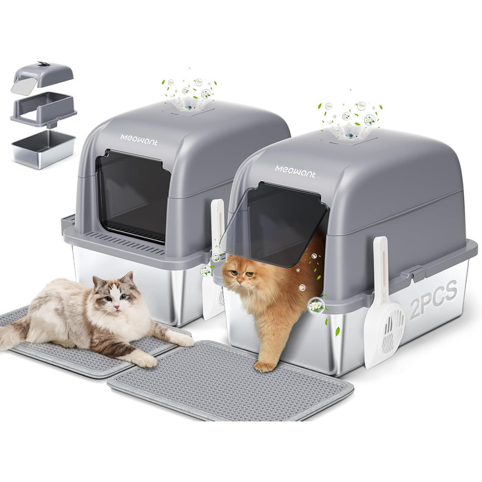 MeoWant закрита котяча туалетна кімната з нержавіючої сталі, 81 л, велика місткість, тришарова, герметична, з педалями, совком і килимком, сірий, 2 шт.