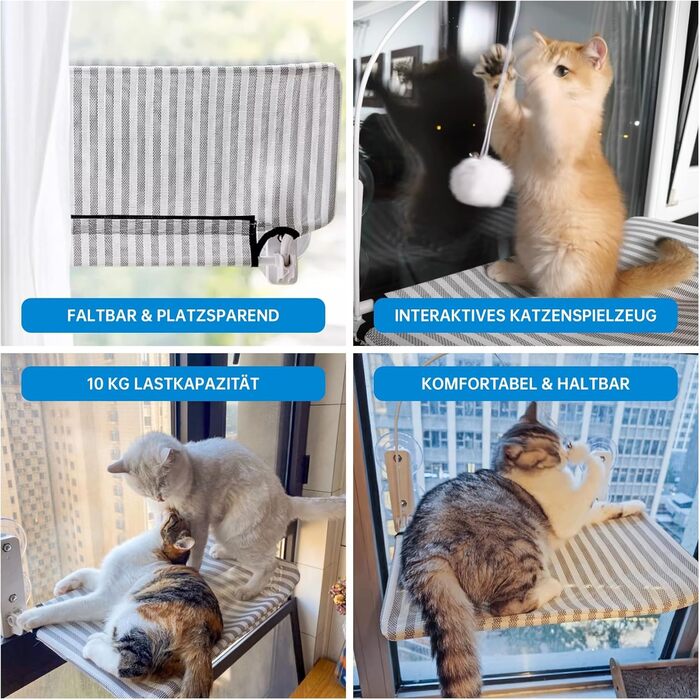 Кішка ліжко на вікно BnbnPup: гамак для котів з міцними присосками до 18 кг, знімний та перевертаний чохол, складна та стабільна конструкція (смужки, L)