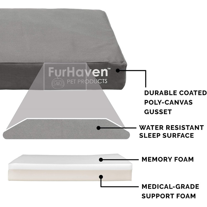 Лягу для собак Furhaven XL з піною-пам'яттю, вологостійкий, для дому та вулиці, з принтом логотипу, матеріал: оксфордський поліканвас, розмір: 102 x 81 x 10 см, сірий колір, великий (X-Large)