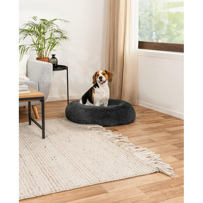 Кругле ліжко для собак та котів Lionto, Ø 80 см, м'яке, плюшеве, з густою наповнювачем, темно-сіре, 80x80x24 см