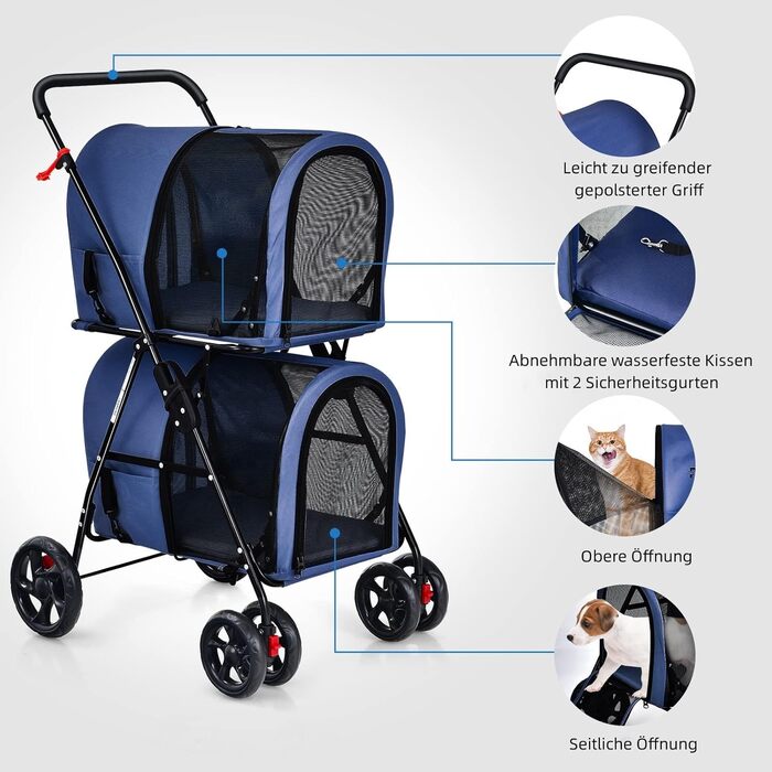 GYMAX Складаний візок для собак, буги для тварин з 2 знімними кишенями, візок для собак з передніми та задніми дверцятами, переноска для домашніх тварин з сітчастою тканиною та колесами з гальмами, переноска для собак та котів (Блакитний)
