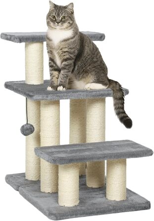 Сходинки для собак PawHut - 3 сходинки, 54 см, сірі. Сходи для маленьких собак та котів з сизалевим покриттям, м'ячик, допомога для заходження на ліжко, диван, в автомобіль