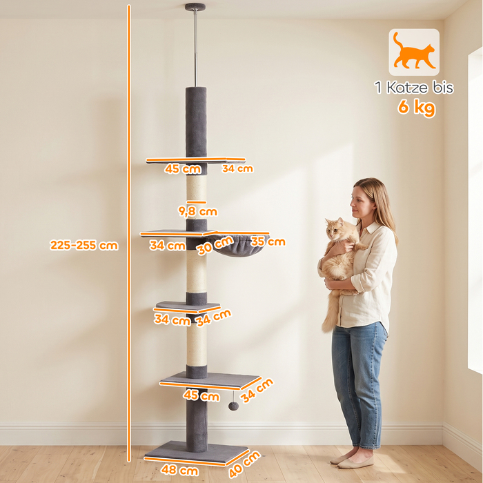 Ігровий комплекс для котів ratzbaum: стельовий, висота 225-255 см (регульована), 5 ярусів, 3 сизалеві стовпчики-дряпки, гамак та платформи