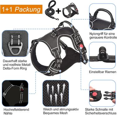 Нашийник для собак Haapaw без натягу, регульований, світловідбиваючий, Оксфорд, зручне керування, середній розмір, міцний поводок в подарунок, чорний (1 шт.)