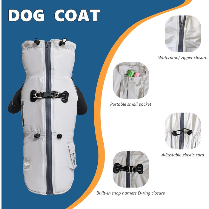 Водонепроникний та вітронепроникний теплий зимовий одяг для собак середніх та великих порід. Куртка для собак, спортивна жилетка для собак, теплий костюм для собак з кріпленням для шлейки та кишенею. Підходить для прогулянок, походів та подорожей. Сірий к
