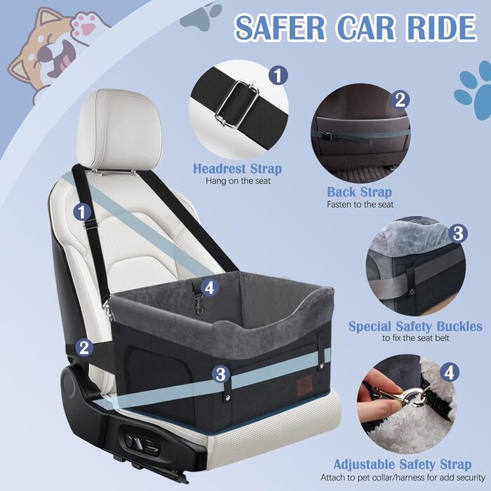 Автокрісло для собак PetsHome - підходить для маленьких собак, знімний, миючий, з кишенькою для зберігання, дихаюча тканина, страховка, регульовані ремені, чорний