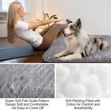 Ортопедична подушка для собак Asapnd, 102x69 см, сірий колір, з антиковзким дном, м'яка та зручна, для великих собак, миється, з малюнком луски риби
