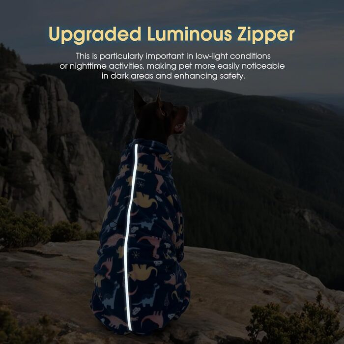 Флісова куртка для собак ROZKITCH, теплий пуловер, піжама, вітростійка, тепла, для холодної погоди, жилет з відбиваючим шнуром, комбінезон, одяг, комплект для великих собак, динозавр 4XL (довжина спини: 31.1'), блакитний динозавр