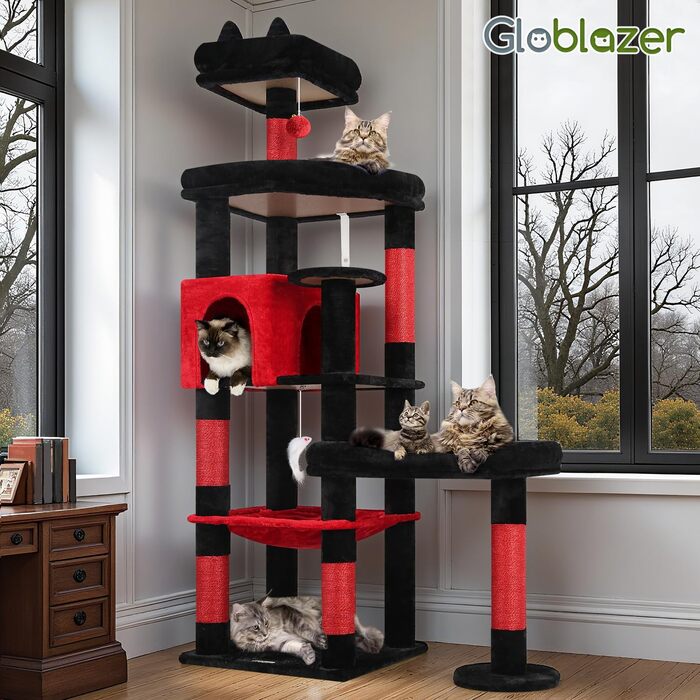Комплекс для котів Globlazer Kratzbaum 165 см для великих котів: будиночок, платформа 48x42 см, гойдалка-гамак, стійки для дряпання (Gotisch)