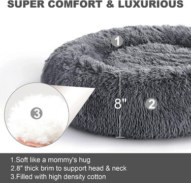 COOSLEEP HOME: М'яке ліжко для собак та котів з штучним хутром, Donut-подушка, водонепроникне дно, машинного прання, міцне (S, 58,4 x 58,4 см, темно-сірий)