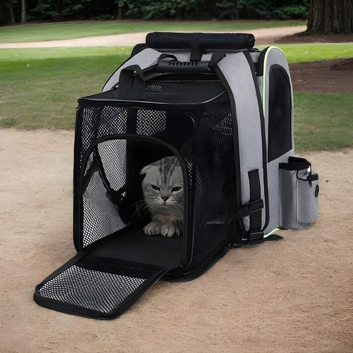 Висувний рюкзак для котів | Транспортна сумка для котів – переноска для тварин, розширювана, дихаюча, складна, для подорожей, піших прогулянок, транспортування (Сірий з зеленими краями)