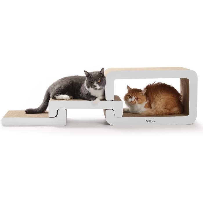 PetRhein 3-в-1 Кігтеточка для котів, велика XXL картонна кігтеточка, багатофункціональні меблі для котів з пандусом та будиночком, розтягується до 116 см, міцна завдяки стільниковій структурі, килимок для кількох котів