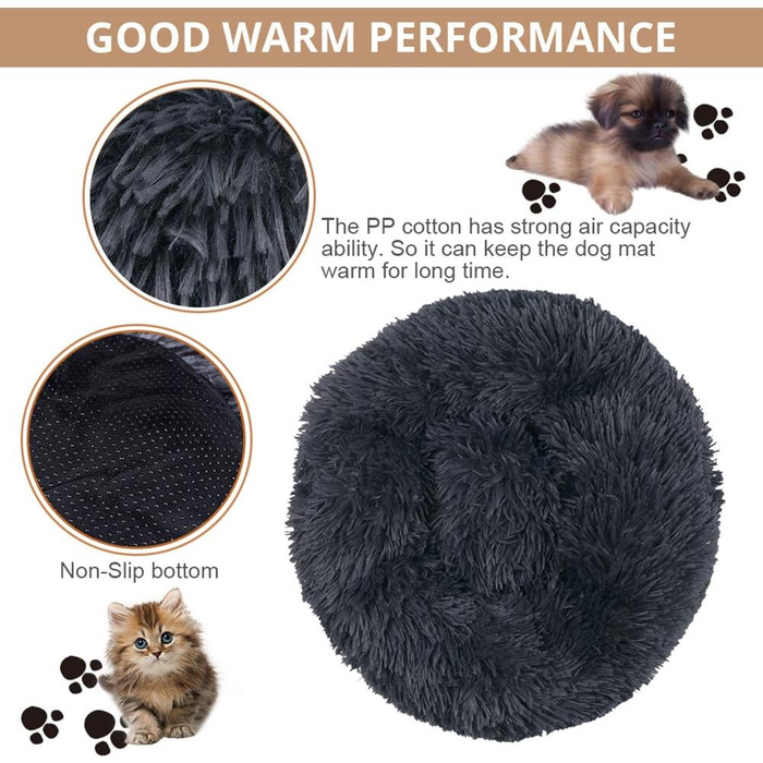 М'яке ліжко для собак Haoye, круглий лежак для домашніх тварин, лежак-подушка для котів та собак, зручне ліжко для собак та котів (діаметр 50-120 см / 7 розмірів), темно-сірий діаметр 60 см