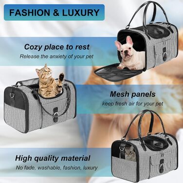 Чорна переносна сумка-переноска для собак і котів до 4,5 кг, з розширенням, PU-шкіра, для подорожей, з кишенею для аксесуарів