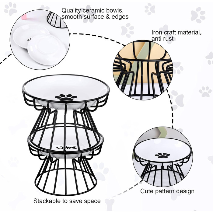 Підвищений годівниця для котів Rtteri, антиковзаюча, з металевим підставкою, керамічна, чорна/біла