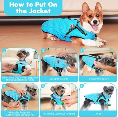 Зимовий одяг для собак HezzLuv: теплий водонепроникний одяг з LED-краваткою та світловідбиваючими смугами, розмір M, блакитний