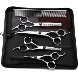 Набір професійних ножиць для грумінгу собак 9CR Edelstahl з безпечними закругленими кінцями. Комплект для догляду за шерстю собак, котів та інших тварин: ножиці для стрижки, розріджування та вирівнювання. Срібний колір.