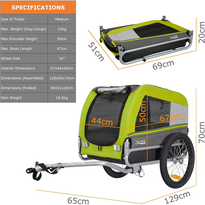 Причіп для собак Tiggo VS Pets M - велосипедний причіп для собак, 80201 (зелений)