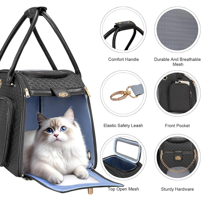 Сучасна розкішна переноска для собак, вентильована переноска для домашніх тварин, м'які стінки, для цуценят, маленьких тварин з кишенею, чорна, 42.9 x 22.9 x 30 см, 16.9 x 9 x 11.8 дюймів