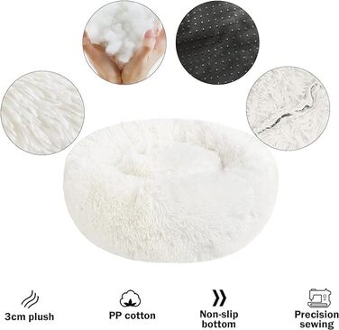 М'яке ліжко для собак та котів у вигляді подушки-пончика, 70 см, білий колір. Зручне, антиковзне, з довгого плюшу, для маленьких собак та котів. Ідеальне подарунок.