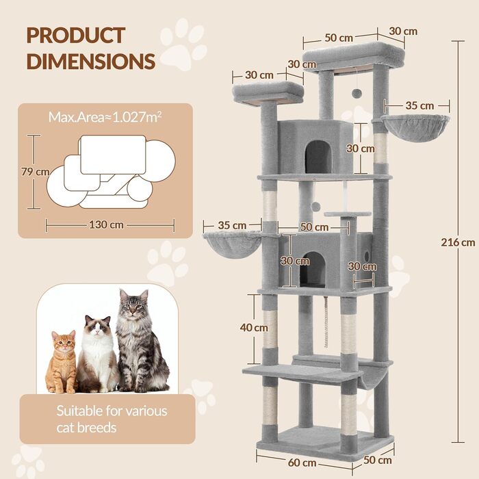 Дерево для котів Kratzbaum Groß 216 см, XXL, з 2 затишними будиночками, 2 платформами, 2 кошиками, гамаком, сірий, для дому