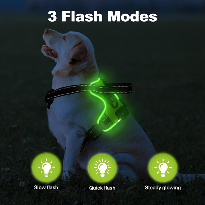 Нашийник для собак Masbri з підсвічуванням, регульований, світловідбиваючий, з ручкою, м'який, світловідбиваючий, для собак середніх та великих порід, чорно-білий, TC3005B, чорно-білий (L, зелений)