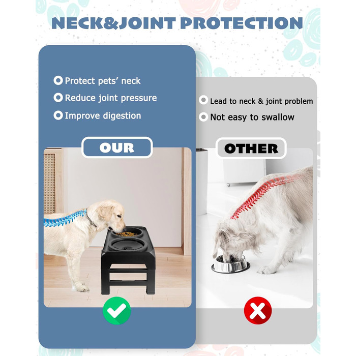 Підвищений годівниця для собак, регульована висота, повільний годівник та миска для води без обливання, набір, миска для корму для собак, миска для води для великих, середніх та маленьких собак, котів та домашніх тварин, чорний
