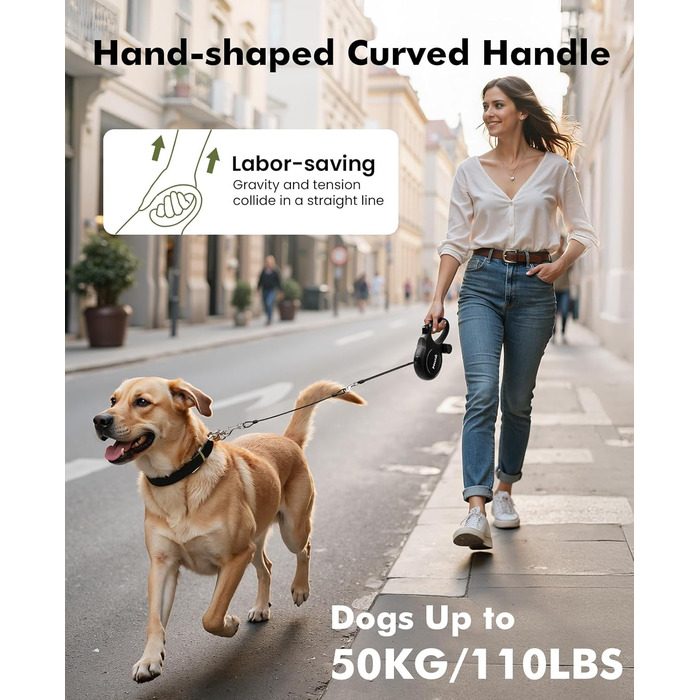 Рулетка для собак Pecute 8м, бісостійка, з набором для збору відходів, 360° без перекручування, чорна (до 50кг)