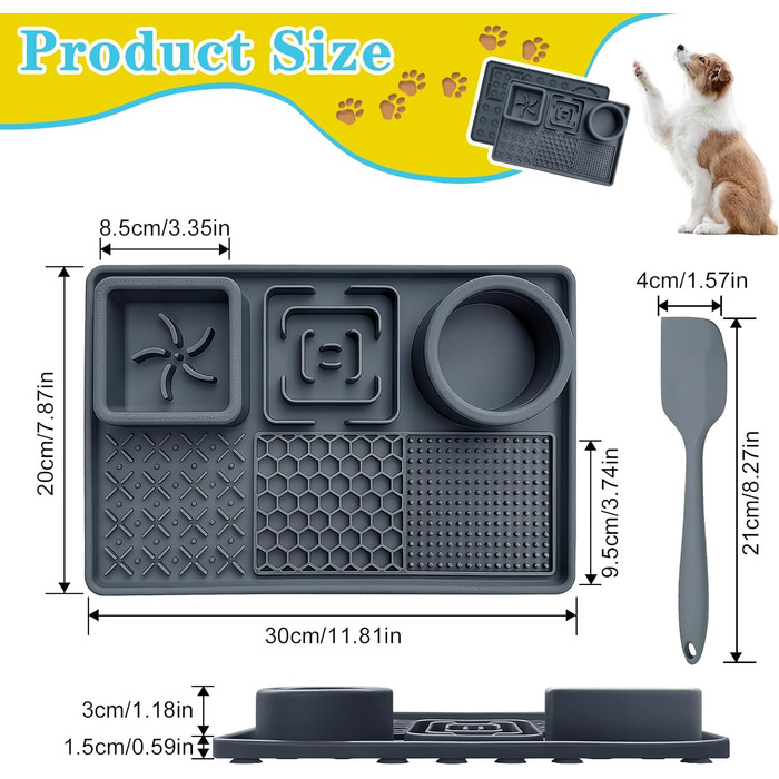 Шлека для собак Cooltto з лопаткою та нержавіючою чашею, силіконова підкладка з присосками для догляду за шерстю, купання та обрізки кігтів. Модель C & B (темно-сірий)