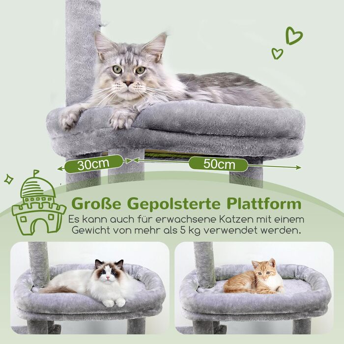 Дерево для котів Globlazer XL сірого кольору з 2 будиночками, платформами та когтеточками, для дорослих котів та кошенят