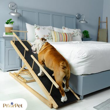 Сходинки для собак PRIORPET з берези з захисним бар'єром - регульована висота до 94.5 см - складаються - антиковзні ручки - для маленьких собак до 23 кг - коричневий (натуральний)