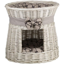 Кругла котяча хатинка e-wicker24 з плетеної лози, двоярусна, з подушкою та стрічкою, котячий турнік (кремово-бежевий)