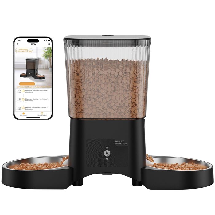 Автоматичний годівник для котів та собак HoneyGuardian з Wi-Fi, 2 миски, 3.5L, чорний