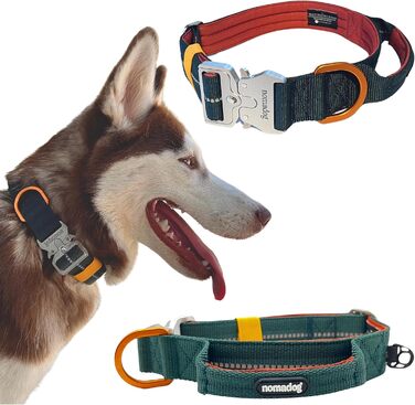 Нашийник для собак Nomadog Trailblazer з ручкою для великих собак - преміум алюмінієва застібка, міцний тактичний нашийник, регульований, з підкладкою, світловідбиваючий (L)