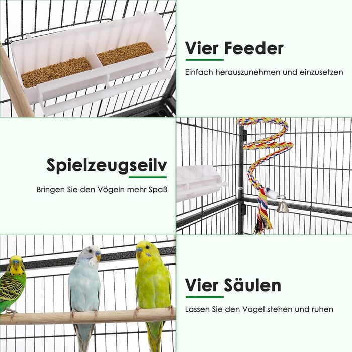Клітка для птахів велика, металева, на 4 колесах, для хвилястих попугаїв з годівницею, іграшками, гойдалкою, 2 дверцятами, 4 дерев'яними перекладинами, 132 x 78 x 52 см