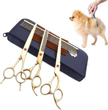 Набір професійних ножиць для грумінгу собак (7 шт.) | З нержавіючої сталі | Ножиці для догляду за тваринами [Золотий]
