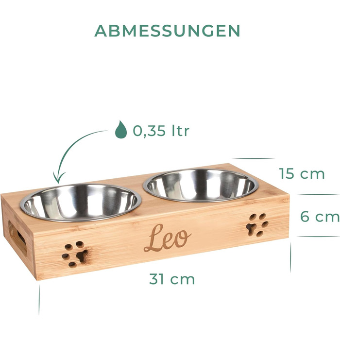 Кормушка для котів LAUBLUST з іменним гравіюванням - Натуральне дерево | 31x15x6 см - 2 миски з нержавіючої сталі (0,35л кожна) | Підвищена годівниця для котів | Сріблясті миски для котів