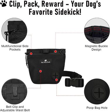 Сумка для ласощів для собак з магнітною застібкою та регульованим поясом, навчальна сумка, портативна сумка для перекусів для прогулянок на відкритому повітрі (Чорний, принт з тваринами)
