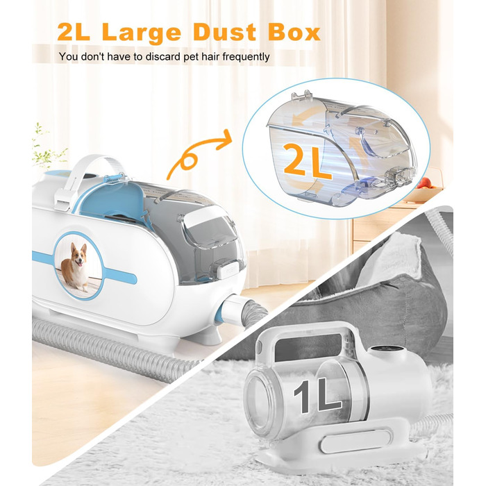 WHDPETS Машинка для стрижки собак зі збором шерсті, 2L контейнер для сміття, 45 dB, потужне всмоктування 9000 Pa, видаляє 99.99% шерсті, 4-в-1 для собак та котів