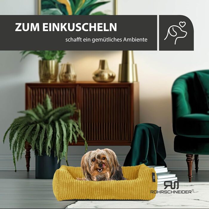 Ляжка для собак | для маленьких собак | з подушкою Cord | знімний чохол | з мискою для корму (55 x 42 см, гірчичний)