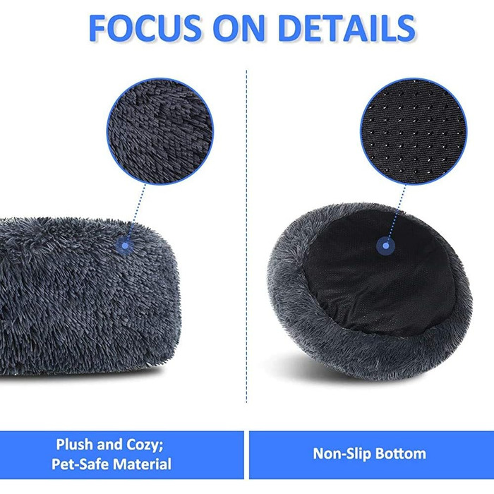 Кругла лежанка для собак та котів, 50 см, м'який плюш, сіра, для маленьких собак та котів, миється