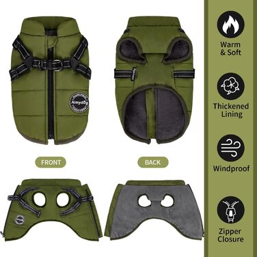 Зимовий одяг для собак: тепла куртка з нагрудником, вітрозахисна жилетка з флісовою підкладкою для маленьких собак (зелена, M)