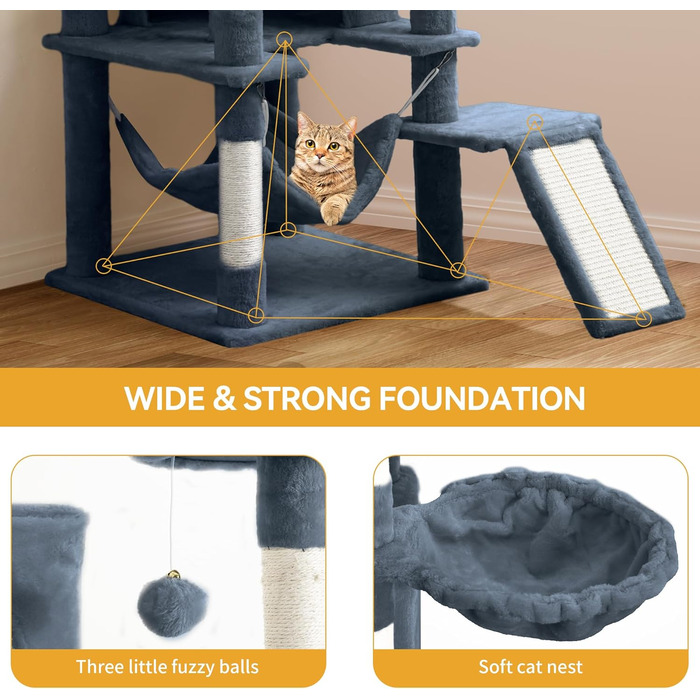 Кігтеточка YITAHOME 190 см, багатоярусна, з сизалю, з гамаком та лежаками, сіра – центр активності для котів