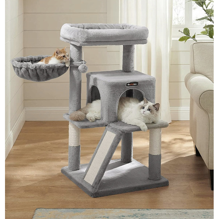 Великий кігтеточка-платформа 2в1 для котів, стійка рампа, світло-сіра, 96 см, Feandrea