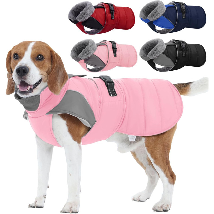 Зимовий теплий куртка для собак Nanaki з флісовою підкладкою, водонепроникний, світловідбиваючий, з отвором для повідка, пухнастий комір, середній розмір, для прогулянок на вулиці, полювання, простий у використанні (Large, Pink)