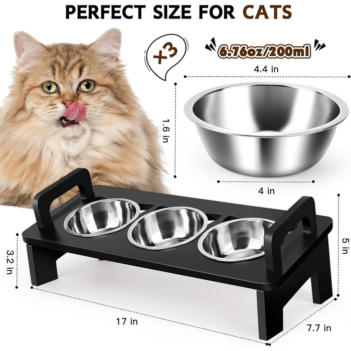 Підвищений годівниця для котів, 3 годівниці з нержавіючої сталі, нахил 15°, набір для котячого корму та води, проти блювоти, для котів, чорний