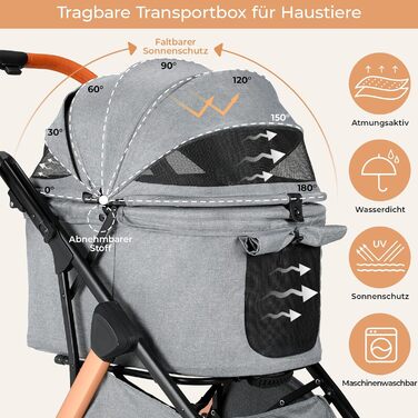 Візок для собак та котів MAMIZO One-Touch, до 25 кг, сірий. Алюмінієвий каркас, регульована ручка, тримач для напоїв, поворотні колеса