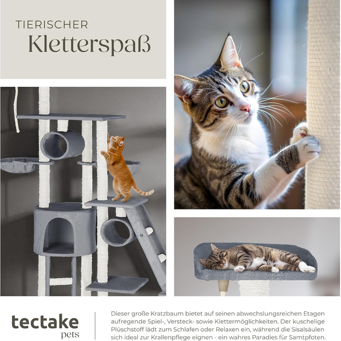 Драбина-кіготь Tectake Snooky | Ігровий центр для котів з багатоярусною драбиною та будиночком | Сірий колір, артикул 403917