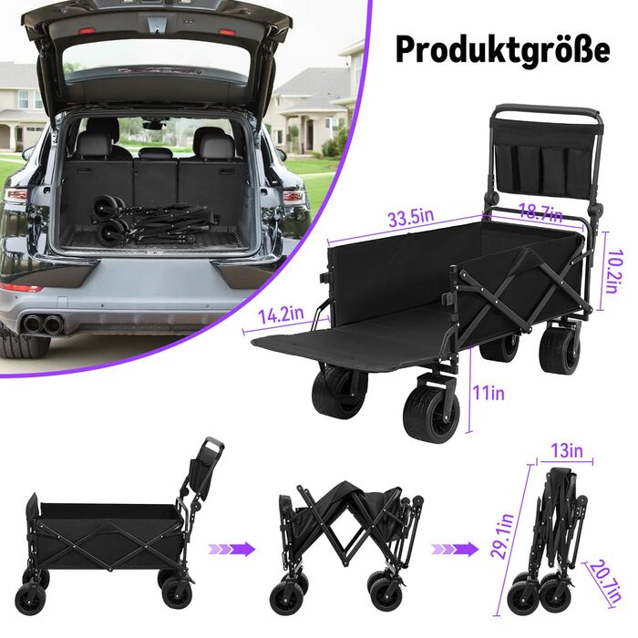 Візок для собак до 50 кг, розкладний, чорний - без даху. Візок-будка з безкамерними шинами для бездоріжжя, регульованою ручкою та заднім отвором для зручного завантаження. Підходить для великих та літніх собак, після операцій.